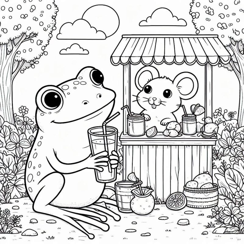 Desenho de sapo e rato em cenário natural com bebidas frescas