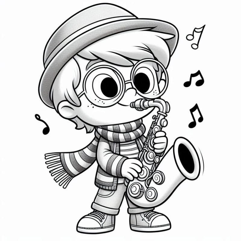 Desenho de um menino fofinho tocando saxofone para colorir