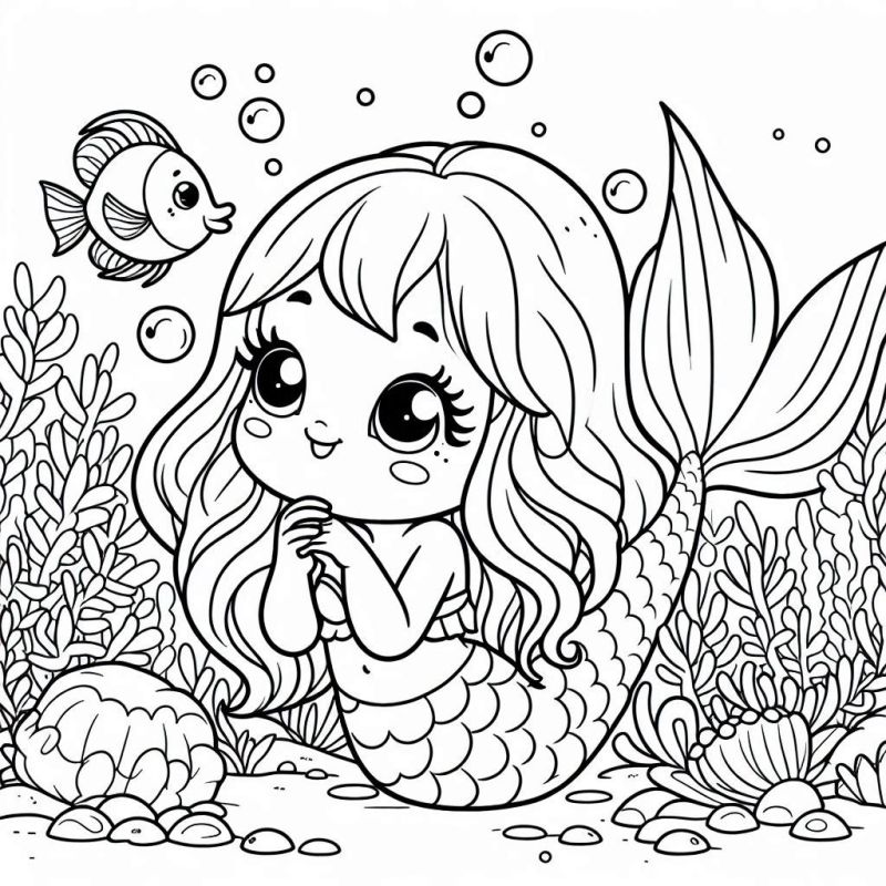 Desenho de Sereia Chibi Fofa para Colorir