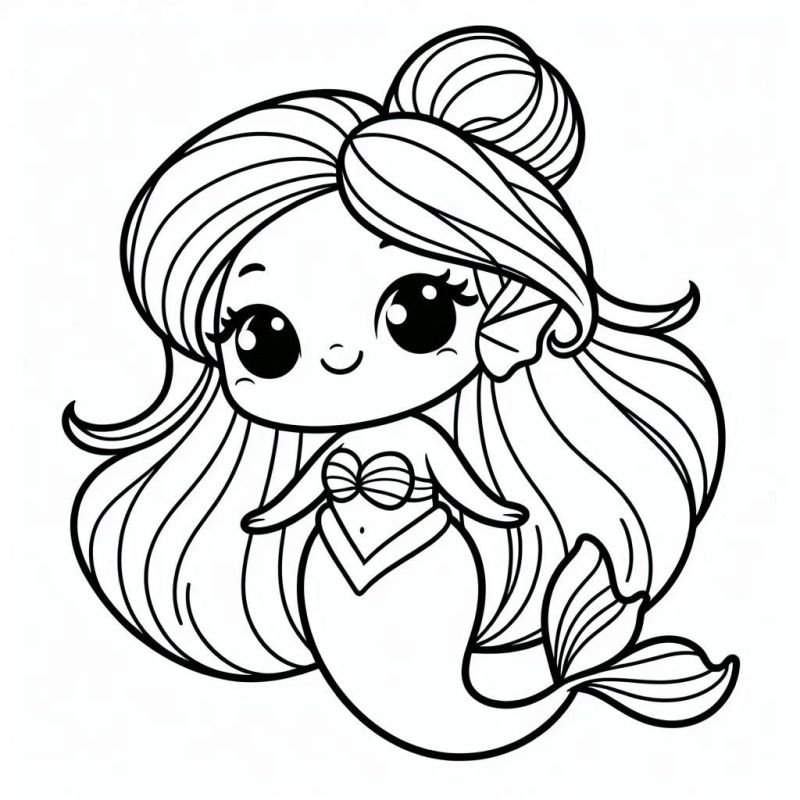 Desenho Fofo de Sereia em Estilo Chibi para Colorir