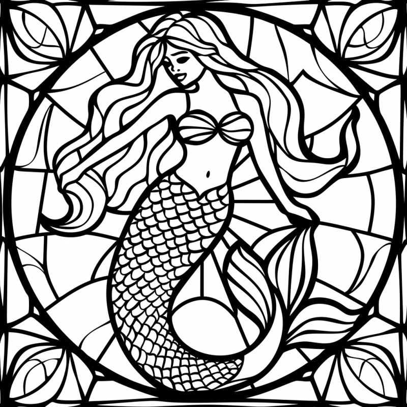 Desenho de sereia em mosaico vitral para colorir