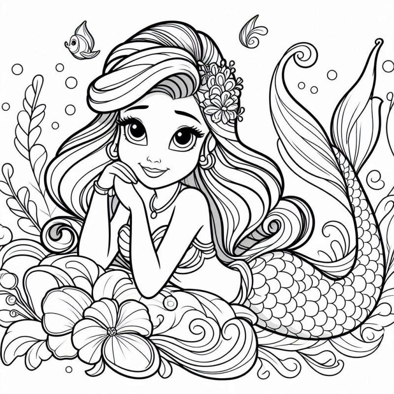 Desenho Detalhado de Sereia Submarina para Colorir