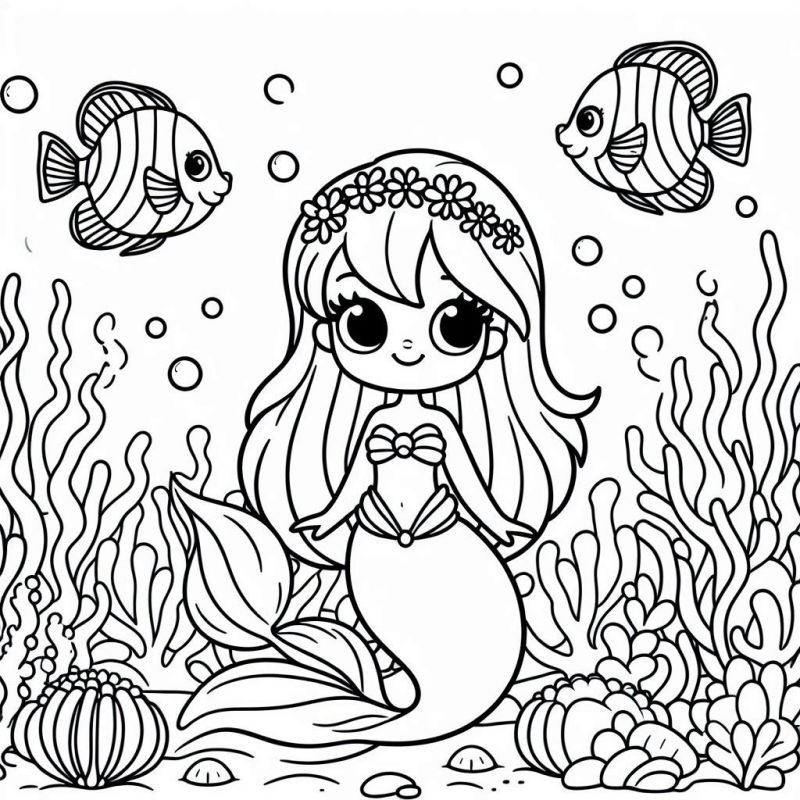 Desenho para colorir de uma sereia sorridente com coroa de flores em cena subaquática