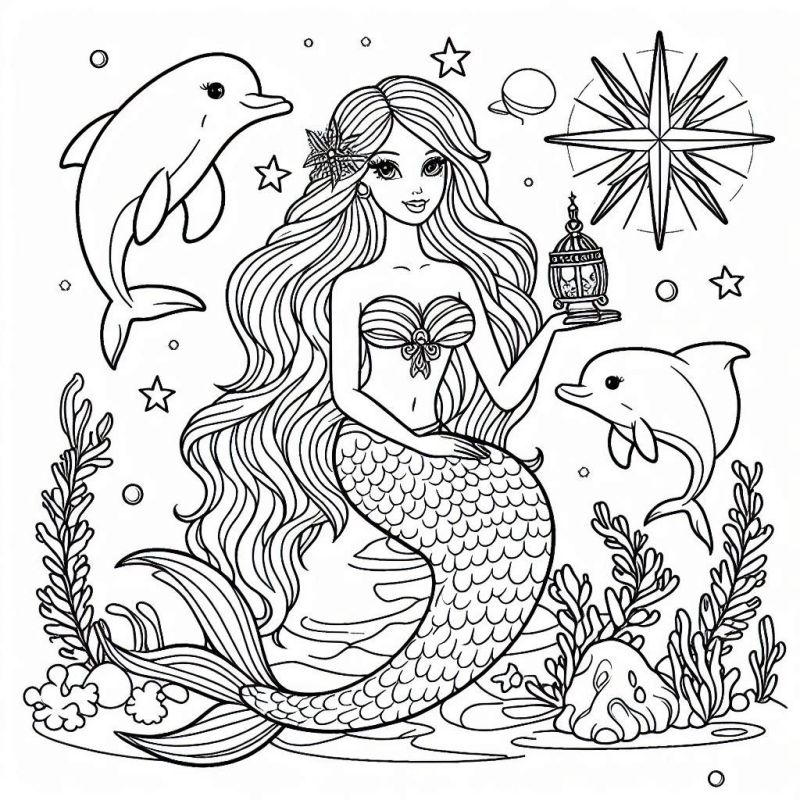 Desenho de uma sereia Barbie numa cena subaquática para colorir