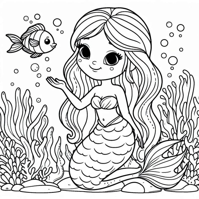 Desenho de sereia fofa em um ambiente subaquático para colorir