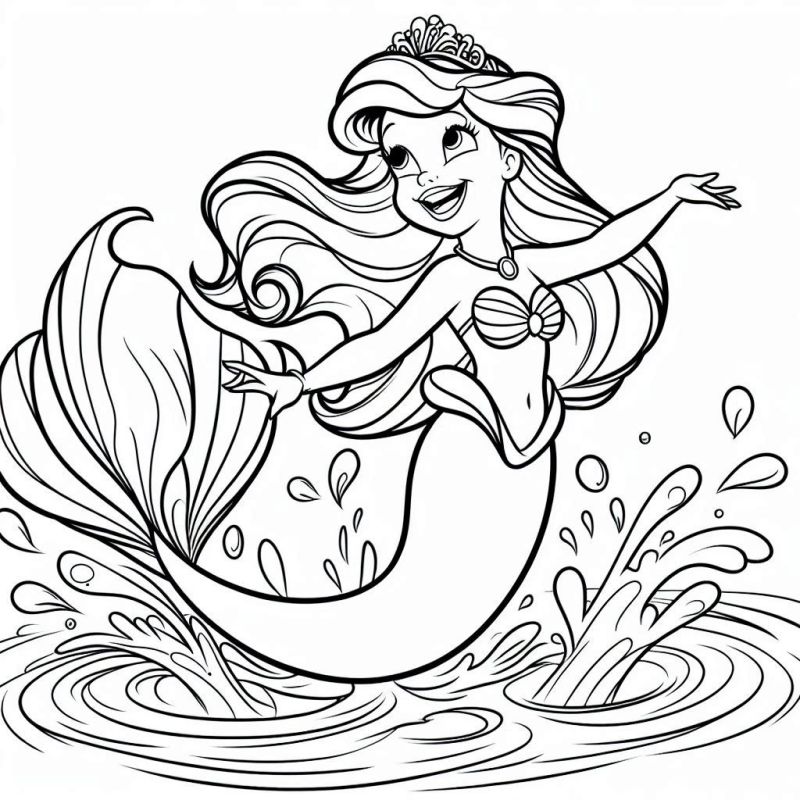 Desenho de sereia detalhada com tiara e concha para colorir