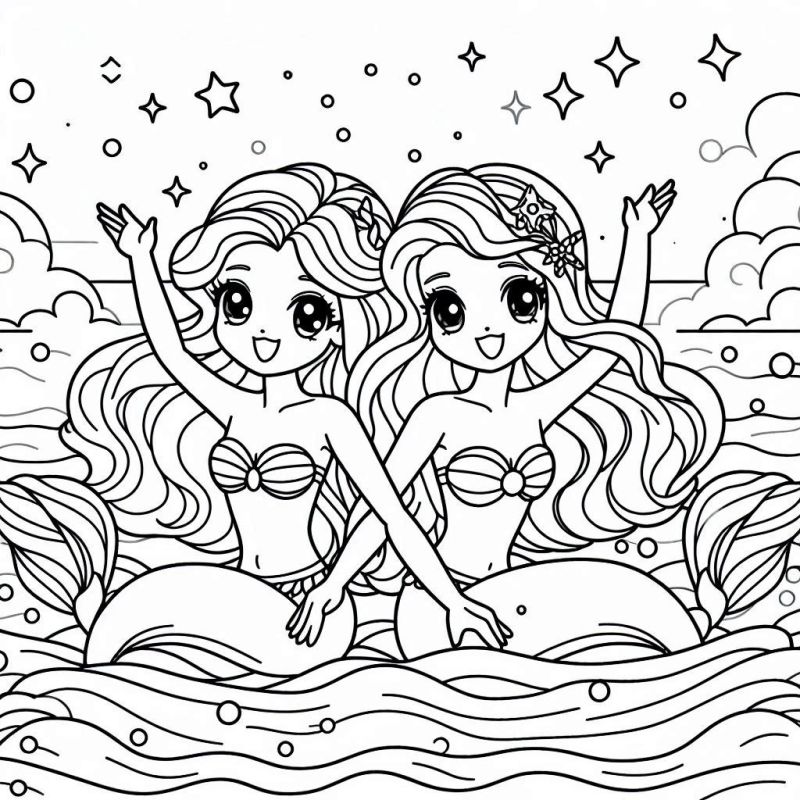 Desenho de duas sereias sentadas no mar com estrelas do mar no cabelo para colorir