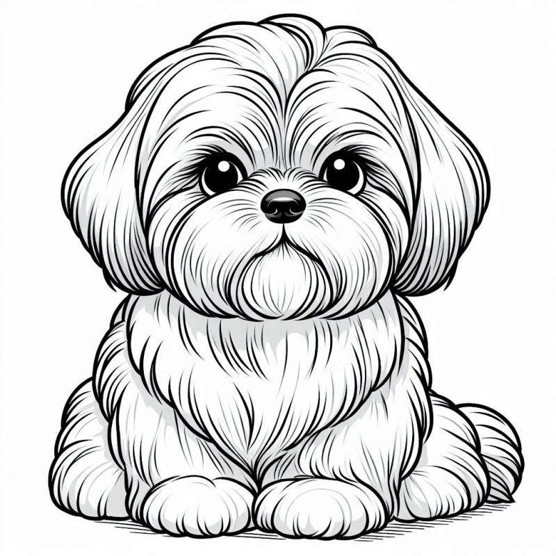 Desenho em preto e branco de um Shih Tzu adorável para colorir