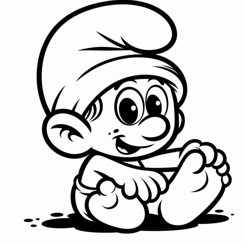 Desenho de Smurf sentado no chão, sorrindo e pronto para colorir