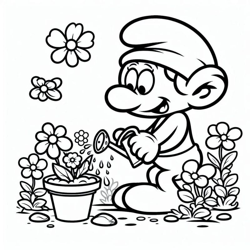 Desenho de Smurf Alegre Regando no Jardim