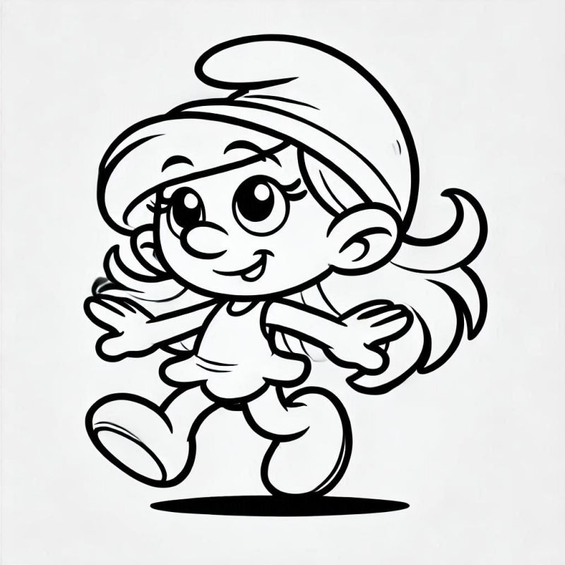 Desenho da Smurfette sorridente e em movimento para colorir