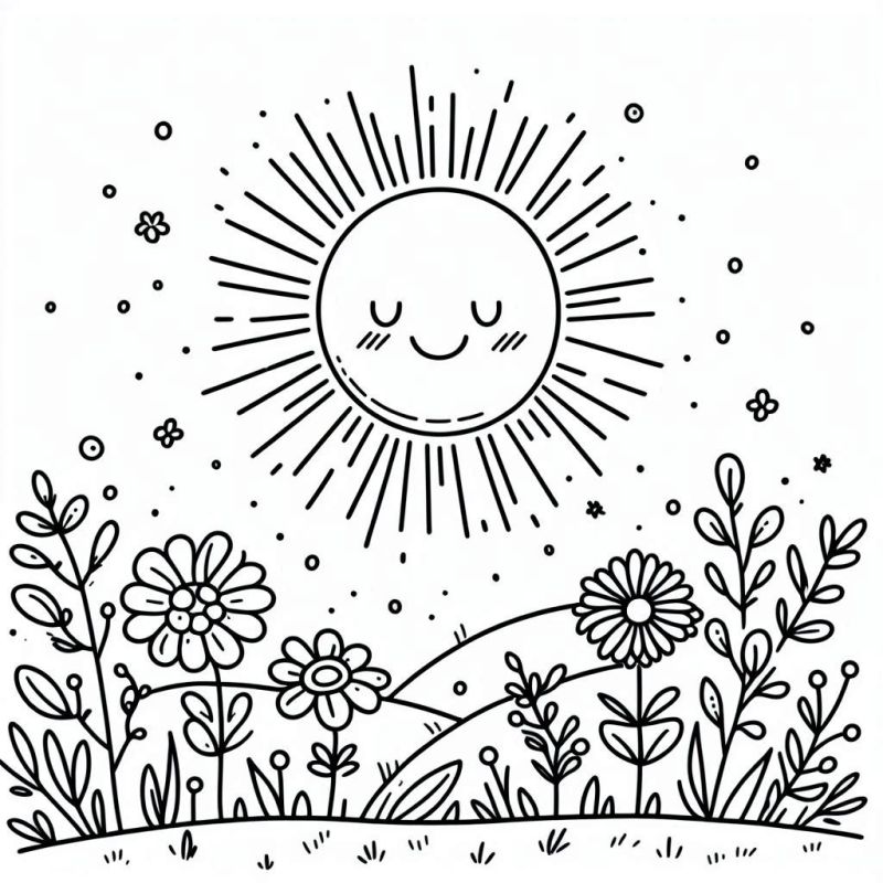 Desenho adorável de sol e campo florido para colorir