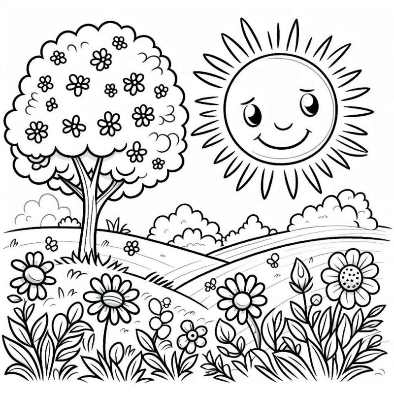 Desenho de Sol Feliz com Árvore e Flores para Colorir