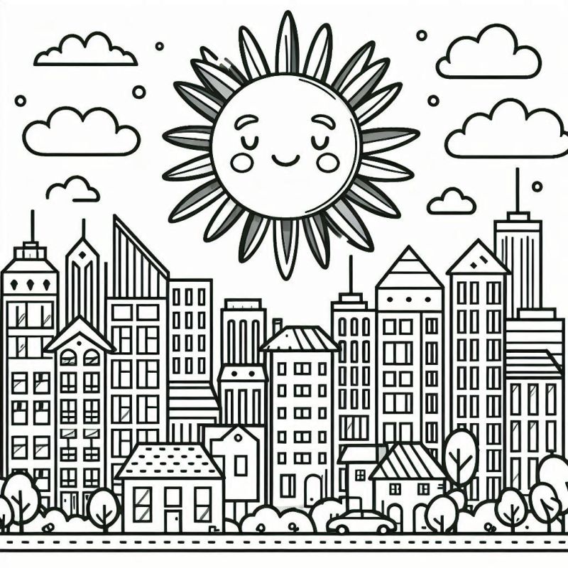 Desenho de Sol com Cidade Urbana para Colorir