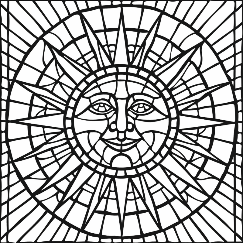 Sol Sorridente Estilizado em Vitral: Desenho para Colorir