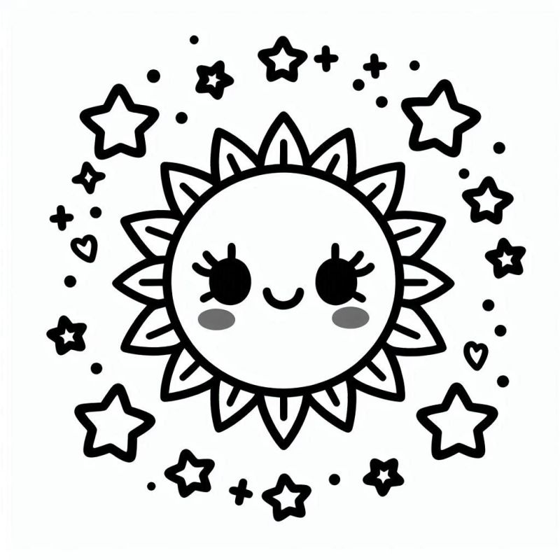 Desenho de sol estilizado amigável com raios e estrelas para colorir