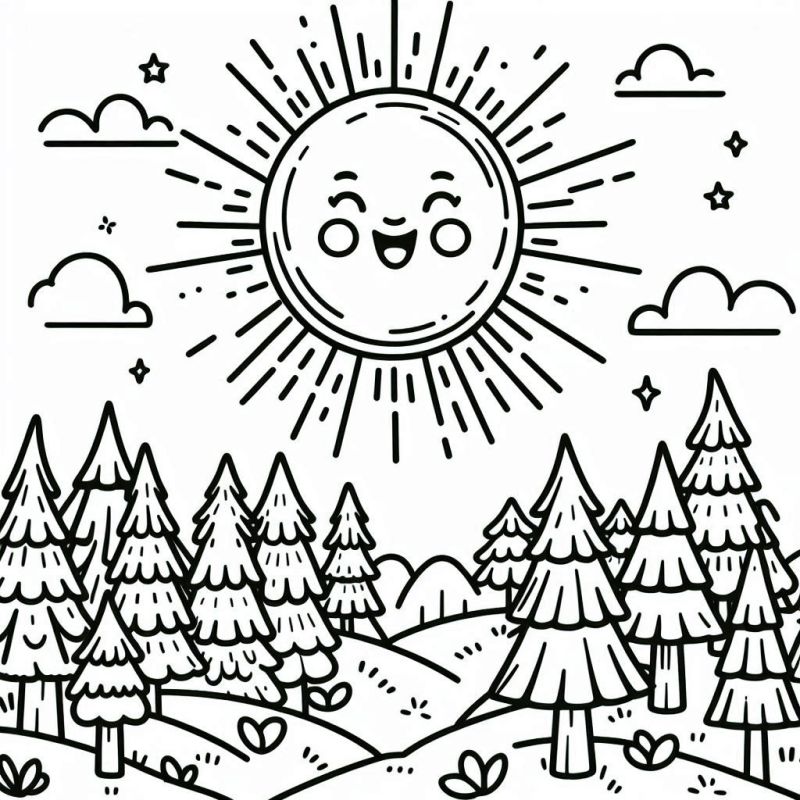 Desenho Encantador de Sol Sorridente com Natureza para Colorir