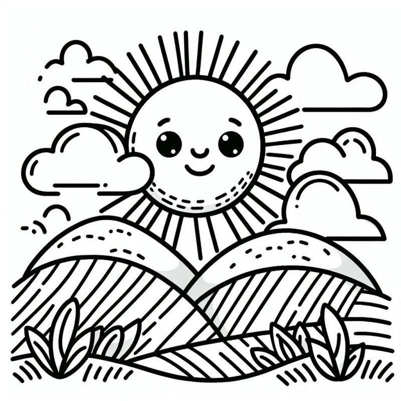 Desenho de um cenário com sol sorridente para colorir, ideal para crianças