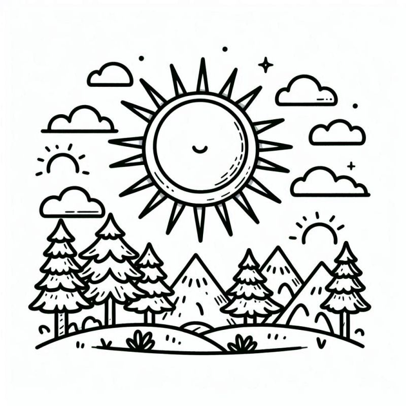 Desenho de Sol Sorridente com Montanhas e Árvores para Colorir