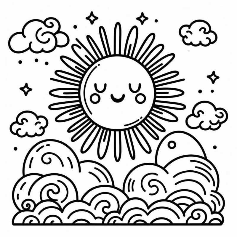 Desenho de Sol Sorridente com Nuvens e Estrelas para Colorir