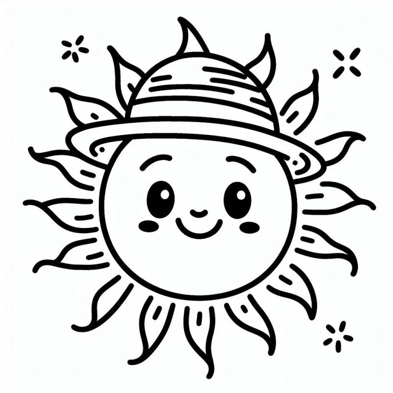 Sol Sorridente com Chapéu e Estrelas para Colorir