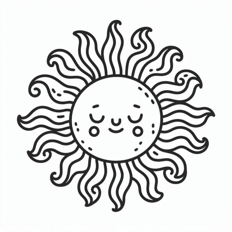 Desenho de um sol sorridente e tranquilo para colorir