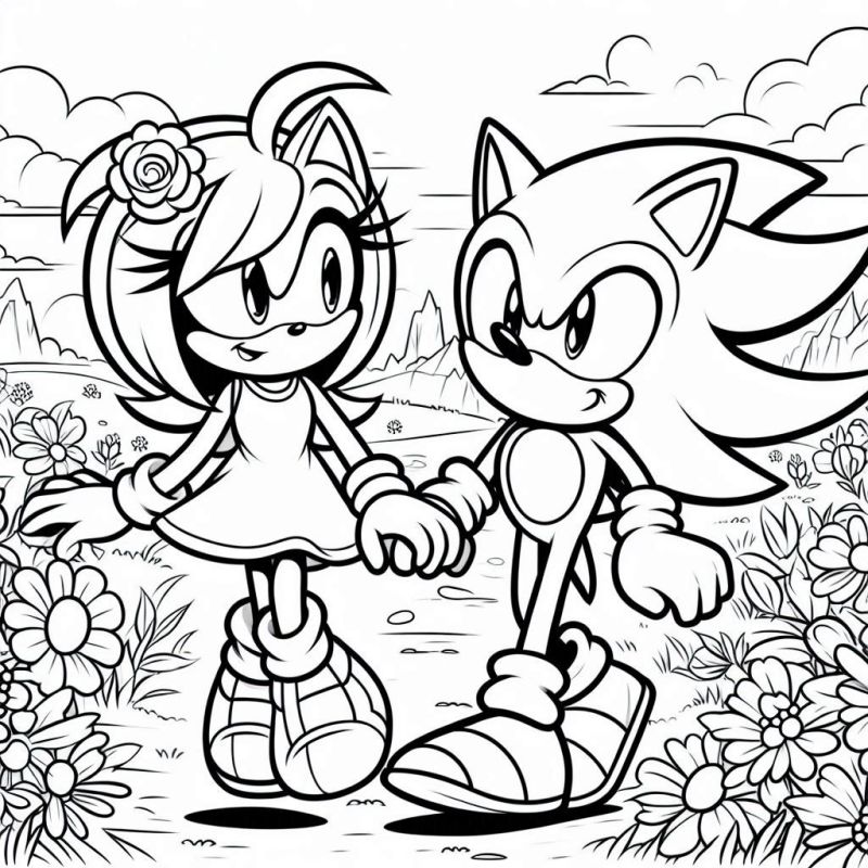 Desenho de Sonic e Amy Rose segurando as mãos para colorir