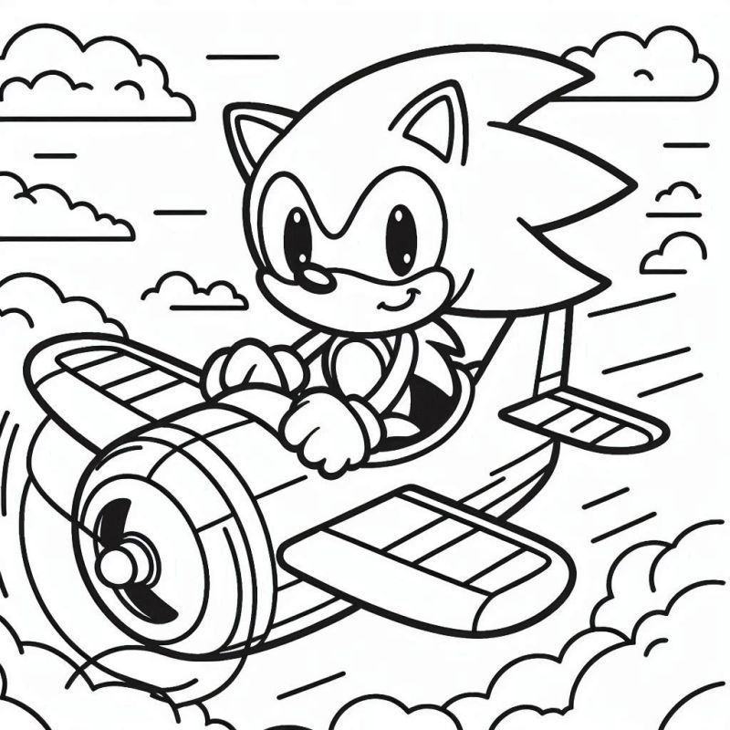 Desenho do Sonic pilotando um avião com um fundo de céu e nuvens para colorir