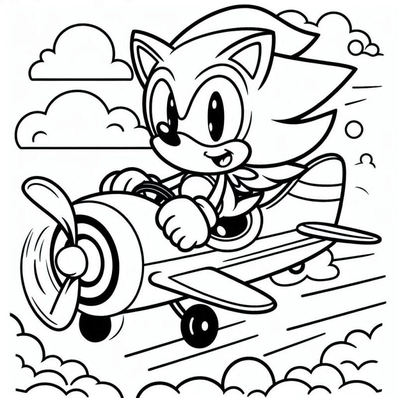 Desenho do Sonic pilotando um avião para colorir