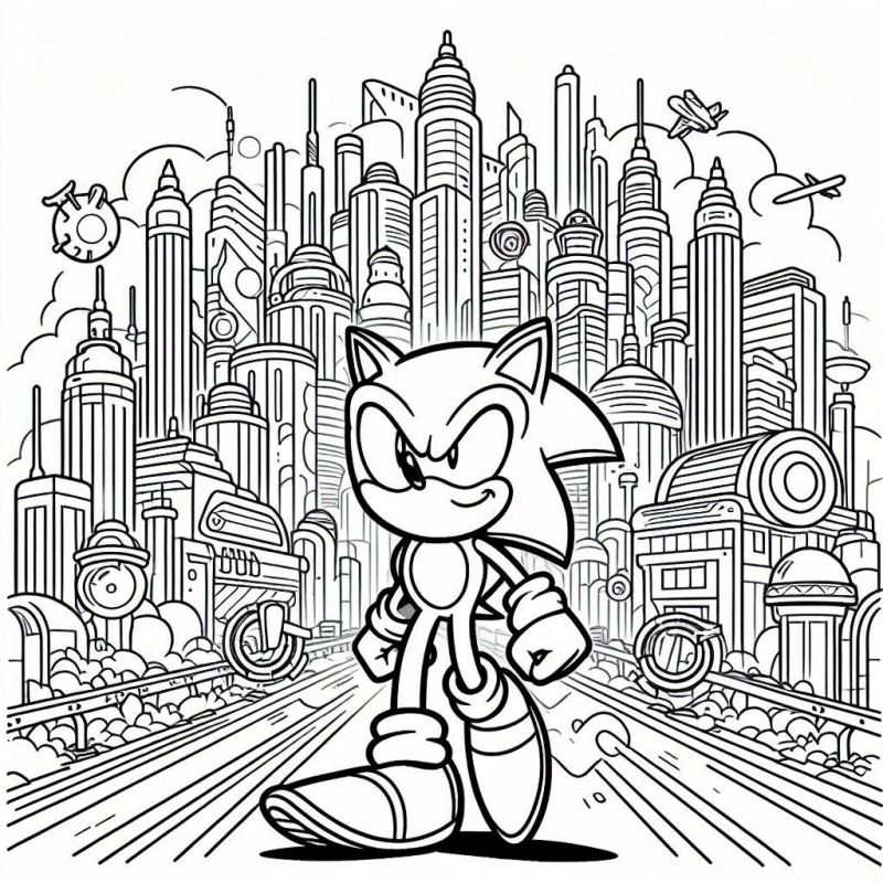 Sonic caminhando em uma cidade futurista para colorir