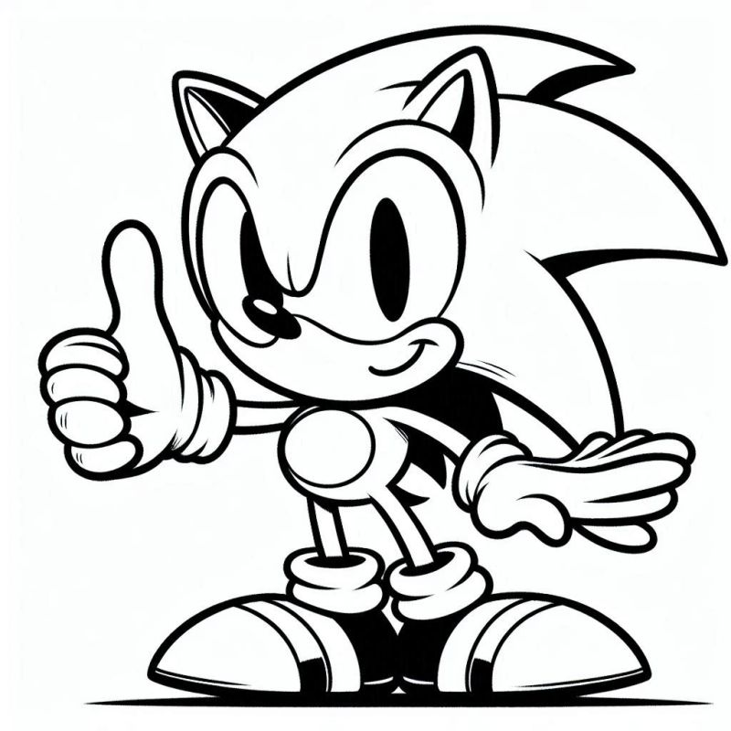 Desenho do personagem Sonic com cabeça grande, expressão amigável, e sorriso confiante