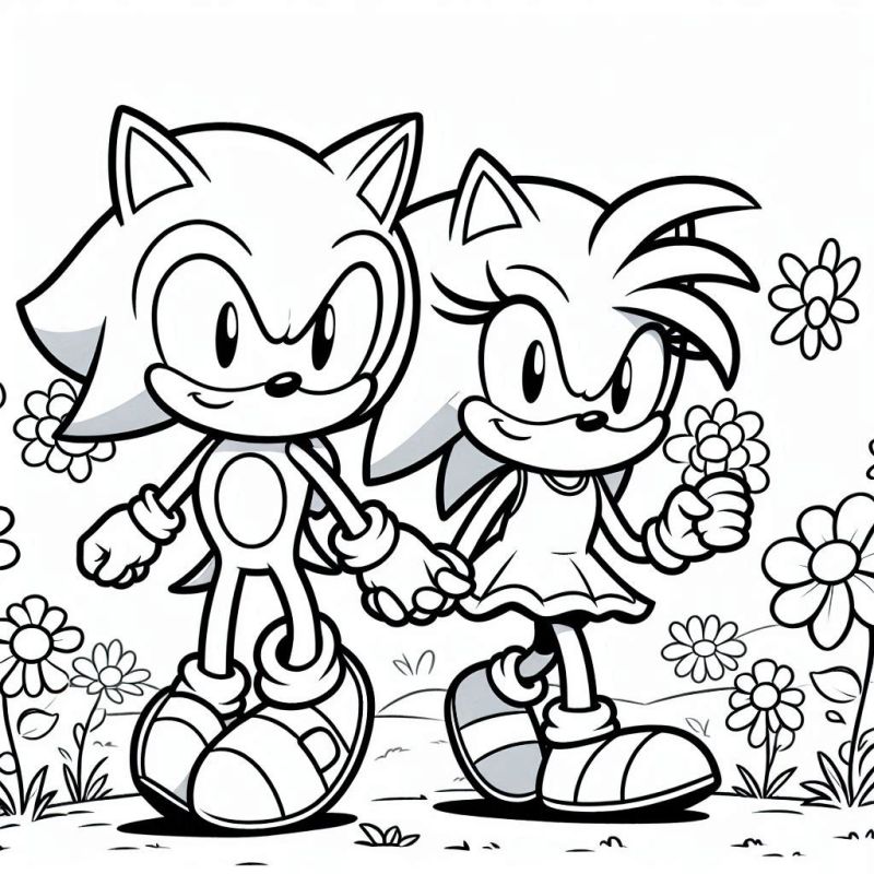 Desenho de Sonic e amiga caminhando em campo florido para colorir