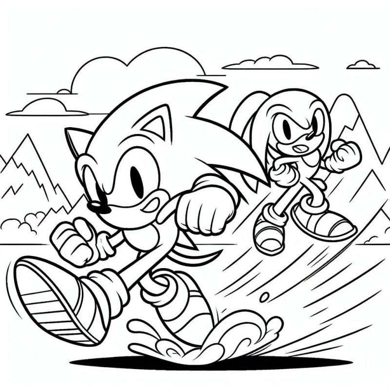 Desenho de Sonic e Knuckles correndo em um cenário natural