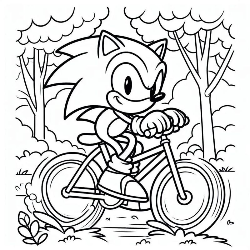 Desenho do Sonic andando de bicicleta para colorir em cenário ao ar livre