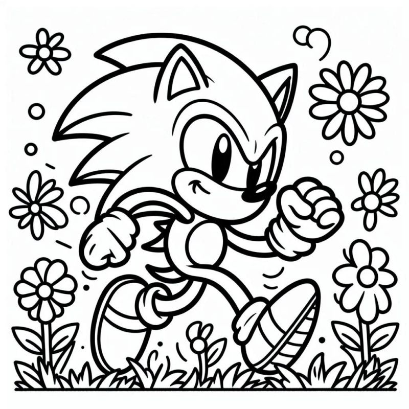 Desenho do Sonic correndo em campo de flores para colorir