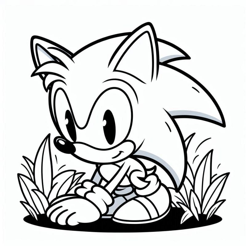 Desenho do Sonic agachado e pronto para correr, preparado para colorir.