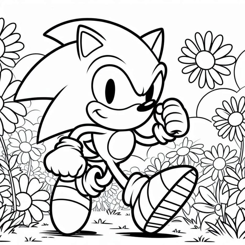 Desenho para colorir do Sonic correndo em cenário bucólico com flores