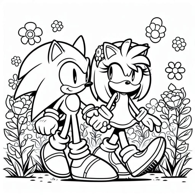 Desenho de Sonic e amiga caminhando em cenário floral para colorir