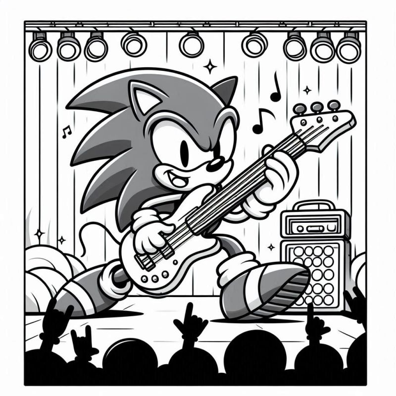 Sonic tocando guitarra em um show musical com público animado