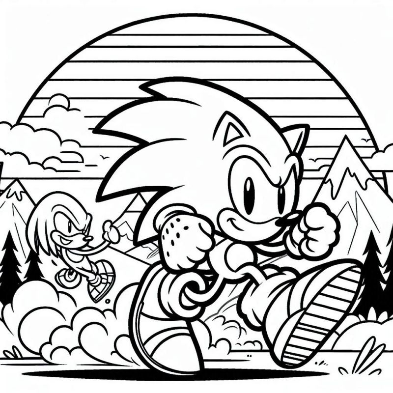 Desenho para colorir de Sonic e Knuckles correndo em um cenário vibrante