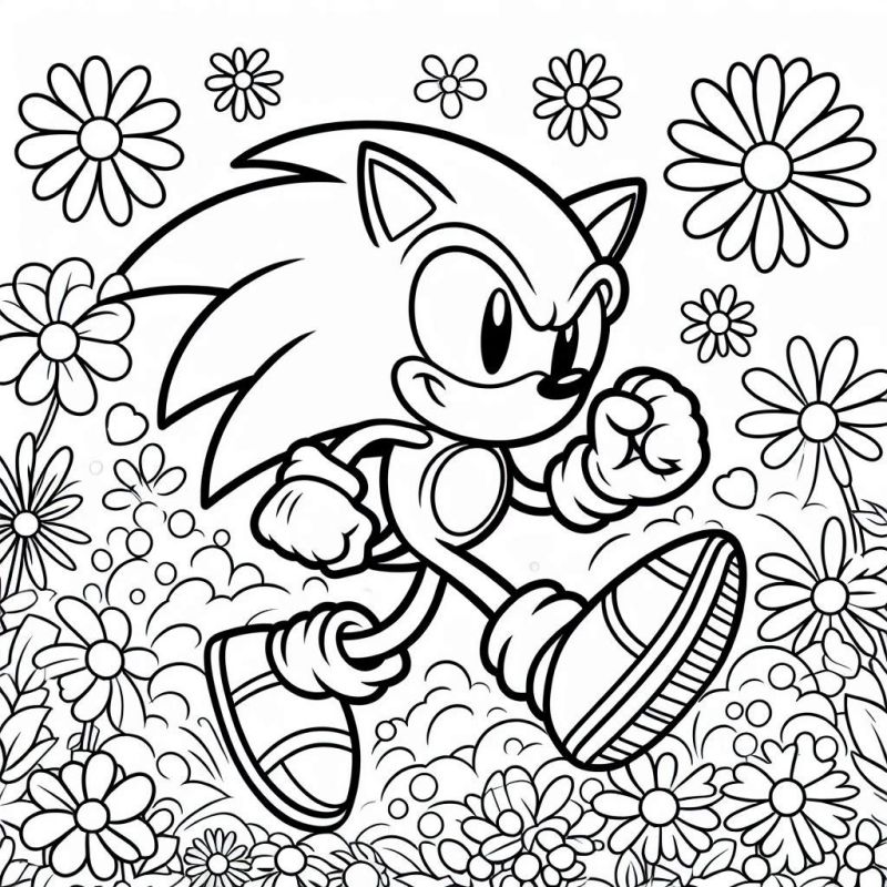 Desenho do Sonic correndo em um campo florido para colorir