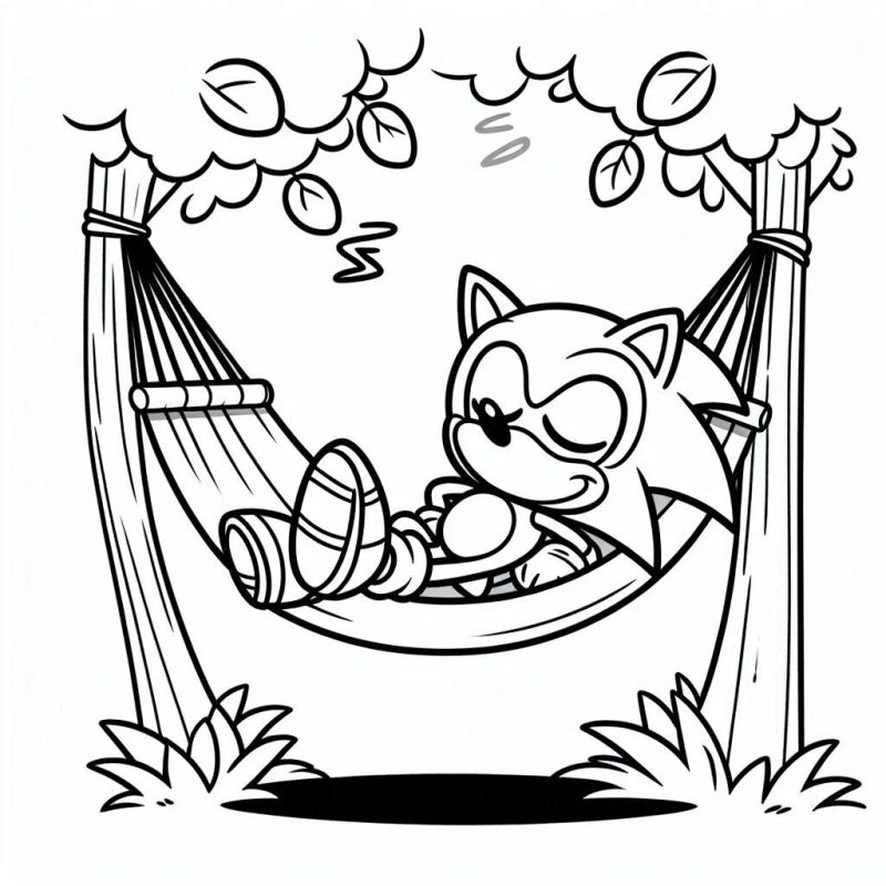 Desenho do Sonic relaxando em uma rede para colorir