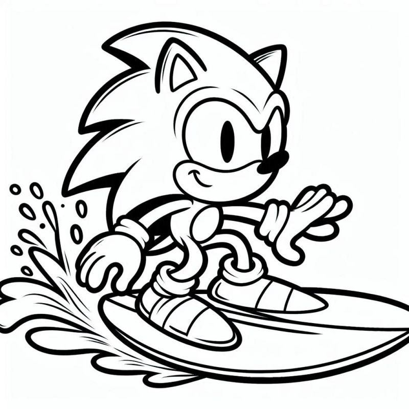 Desenho de Sonic surfando em preto e branco para colorir