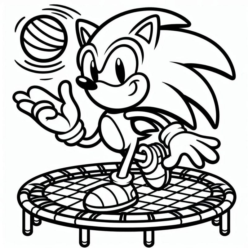 Desenho do Sonic saltando no trampolim com uma bola listrada para colorir