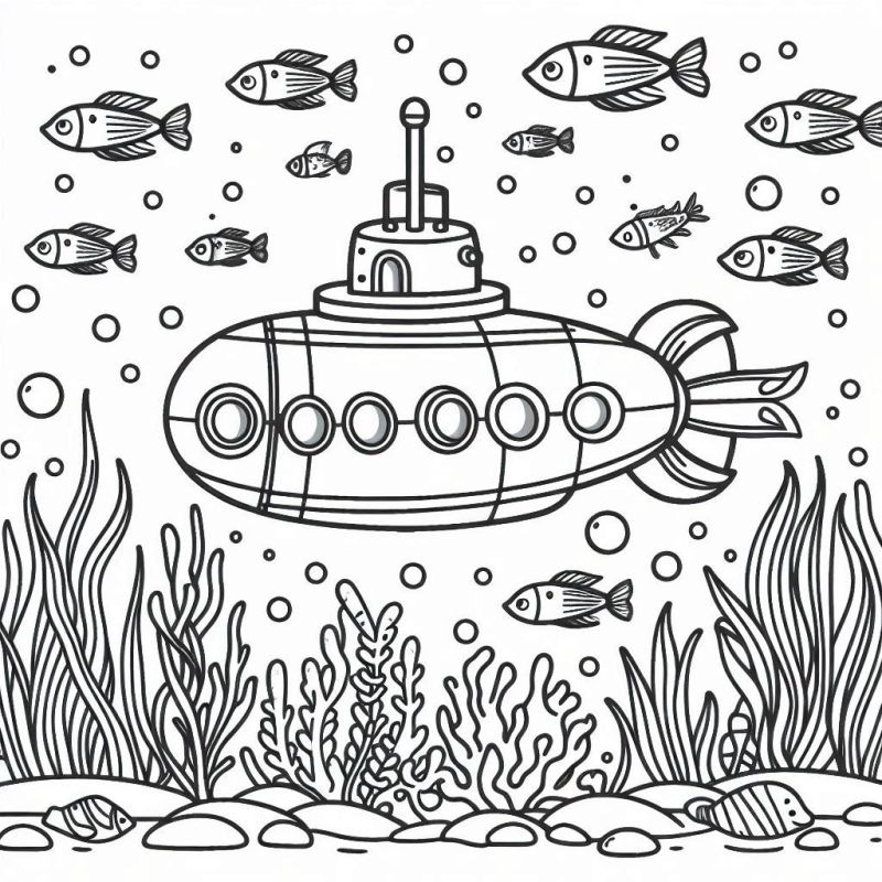 Desenho de Submarino com Peixes, Vegetação e Bolhas para Colorir