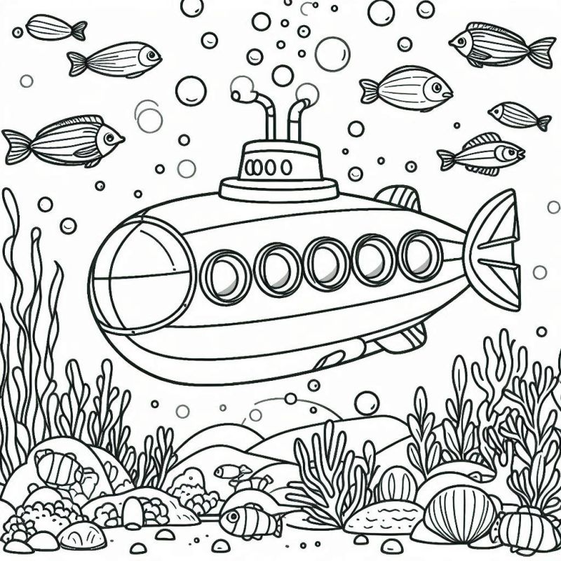 Desenho de cenário submarino com submarino e elementos marinhos para colorir