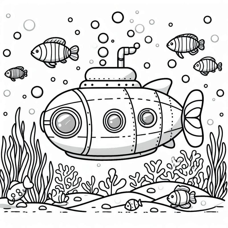 Desenho de Submarino Subaquático com Peixes para Colorir