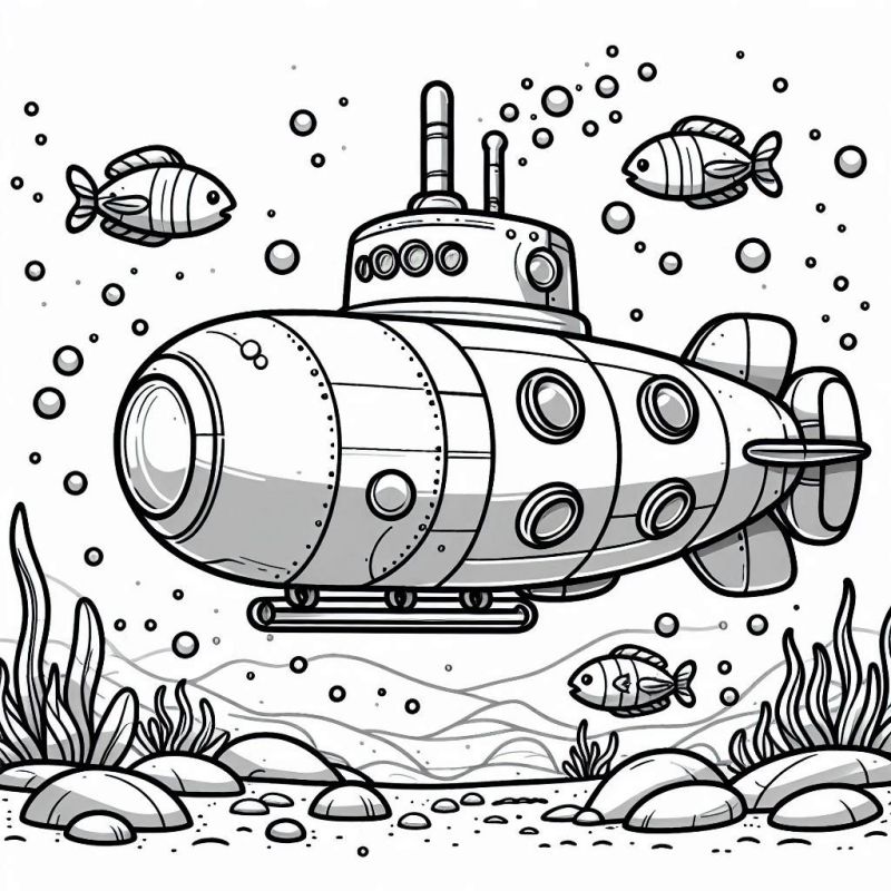 Desenho detalhado de submarino com vida marinha ao redor para colorir