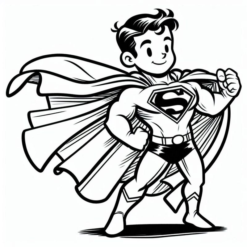 Desenho estilo cartoon do Super Homem para colorir, com características amigáveis e infantis.