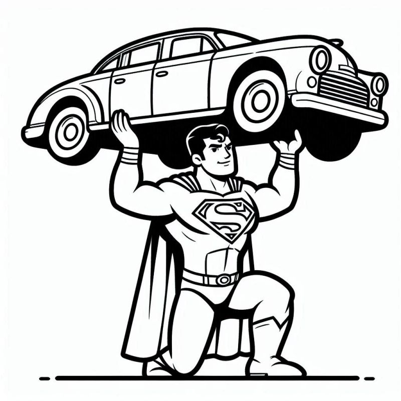 Desenho do Super-Homem levantando um carro clássico para colorir